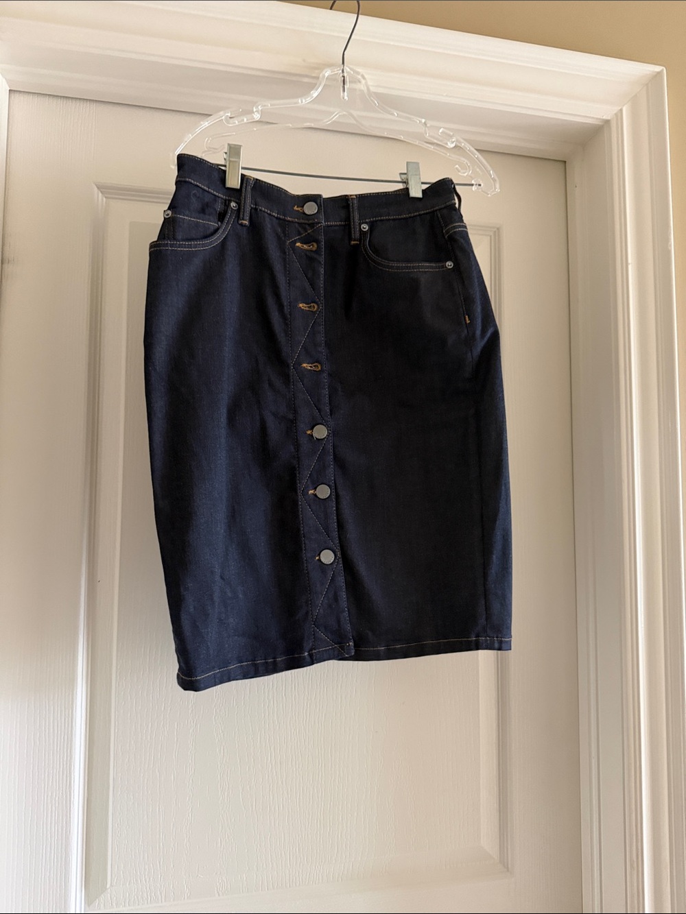 All Saints Dark Blue Denim Button-Front Pencil Skirt